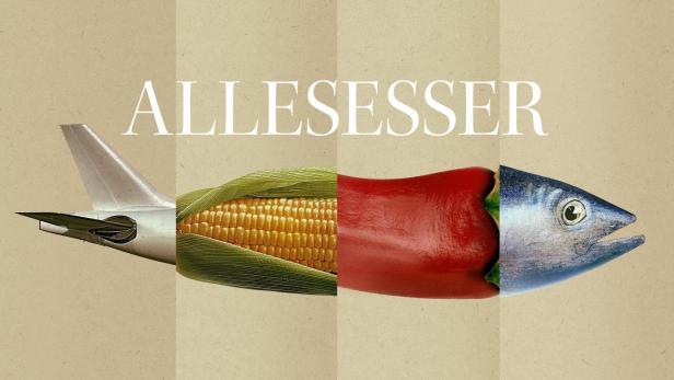 Das Wort „Allesesser“ über einem Flugzeugleitwerk, Maiskolben, einer Paprika und einem Fisch.