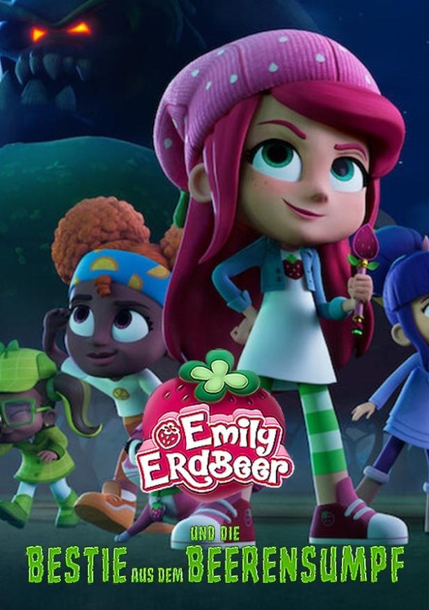 Ein animiertes Bild von Emily Erdbeer und ihren Freunden vor einem gruseligen Monster im Hintergrund.