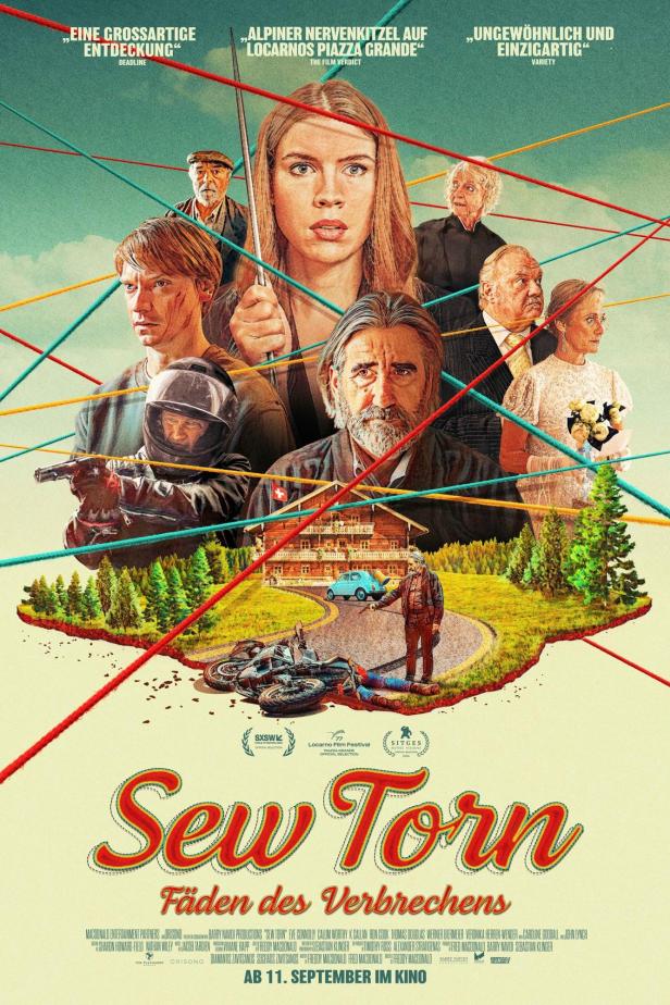 Das Filmplakat für „Sew Torn“ zeigt eine Gruppe von Personen, die durch farbige Fäden verbunden sind.