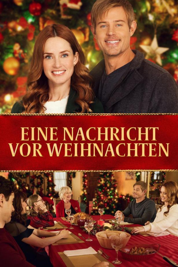 Das Filmplakat für „Eine Nachricht vor Weihnachten“ zeigt ein Paar und eine festliche Weihnachtstafel.