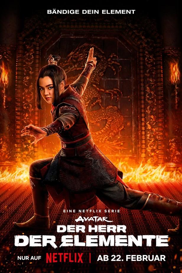 Eine Frau in roter Rüstung posiert auf dem Poster für „Avatar: Der Herr der Elemente“.