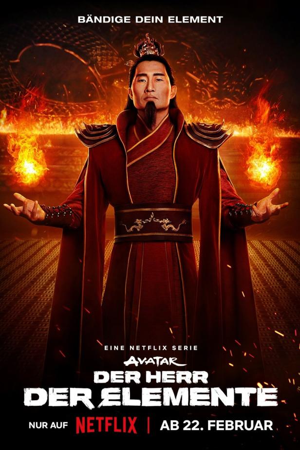 Ein Mann in roter Robe, umgeben von Flammen, aus der Netflix-Serie „Avatar: Der Herr der Elemente“.