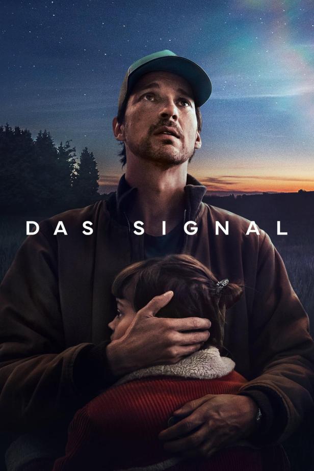 Ein Mann umarmt ein Kind vor einem Nachthimmel mit dem Titel „Das Signal“.