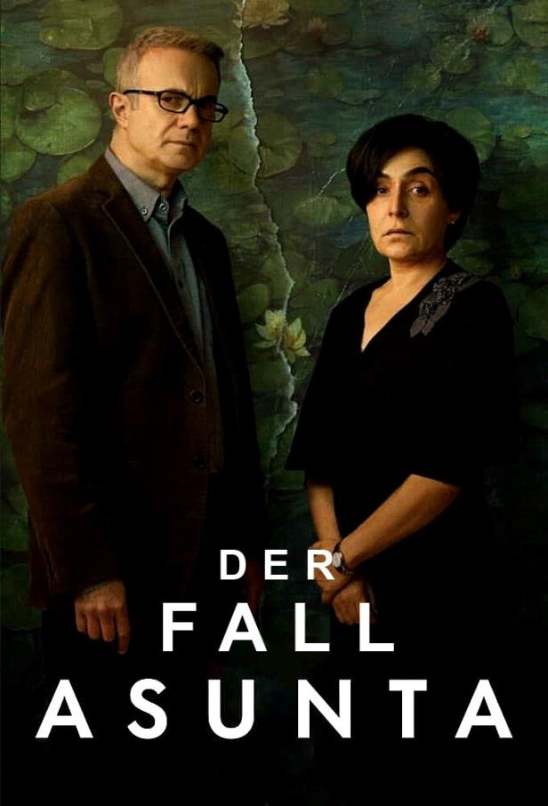Das Filmplakat zu „Der Fall Asunta“ zeigt zwei ernste Personen vor einem gemalten Hintergrund.