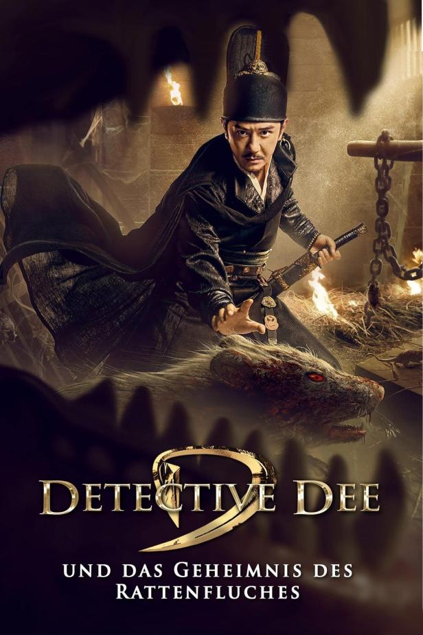 Ein Mann in traditioneller chinesischer Kleidung mit einem Schwert, im Hintergrund ein Rattenmonster für „Detective Dee“.