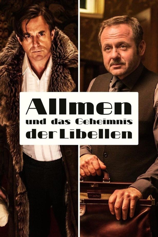 Ein Filmposter für „Allmen und das Geheimnis der Libellen“ mit zwei Männern in Anzügen.