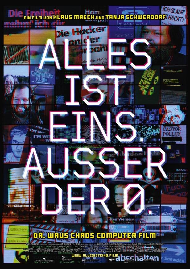 Das Filmplakat für „Alles ist eins. Ausser der 0“ von Klaus Maeck und Tanja Schwerdorf zeigt eine Collage aus Bildern und Texten.