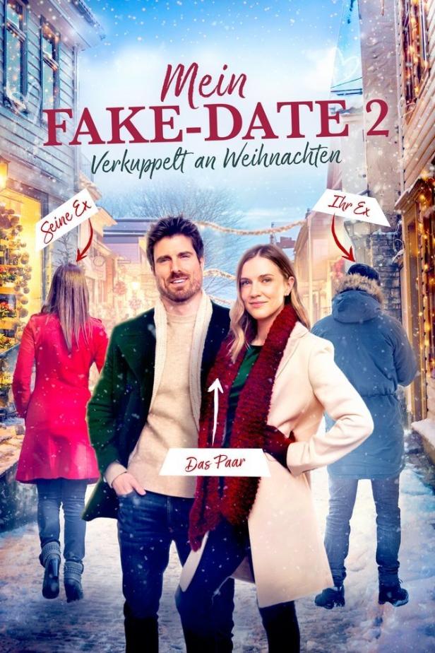 Das Filmplakat für „Mein Fake-Date 2 – Verkuppelt an Weihnachten“ zeigt ein Paar in einer verschneiten Stadt.
