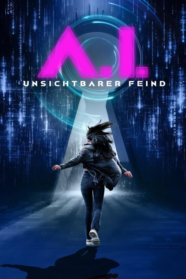 Eine Frau rennt auf das Logo „A.I. Unsichtbarer Feind“ zu.