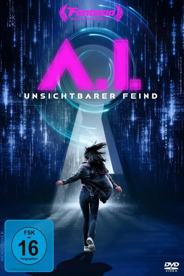 Das Cover des Films „A.I. – Unsichtbarer Feind“ zeigt eine Frau, die auf ein leuchtendes Tor zuläuft.
