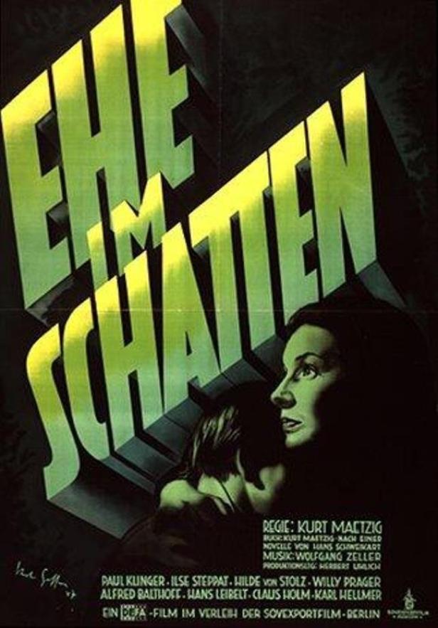 Das Filmplakat für „Ehe im Schatten“ zeigt eine Frau im Schatten.