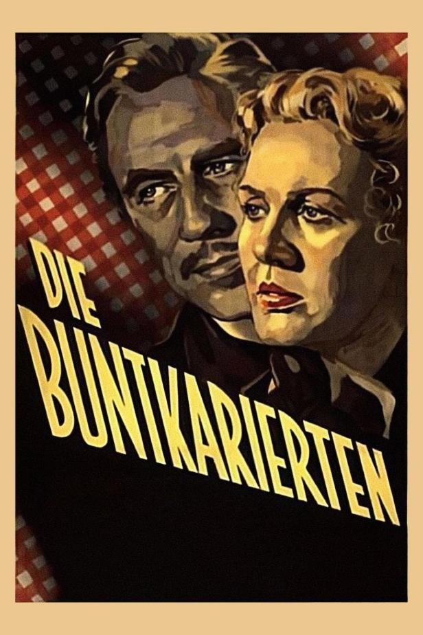 Ein Filmposter für „Die Buntkarierten“ mit einem Mann und einer Frau.