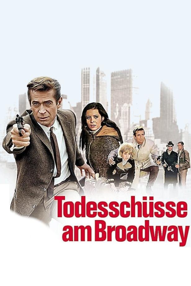Das Filmplakat für „Todesschüsse am Broadway“ zeigt einen Mann mit einer Waffe vor einer Stadtszene.