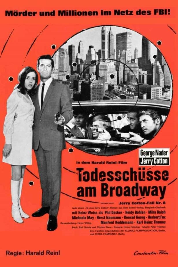 Das Filmplakat für „Todesschüsse am Broadway“ mit George Nader und Jerry Cotton vor einer Skyline mit Einschusslöchern.