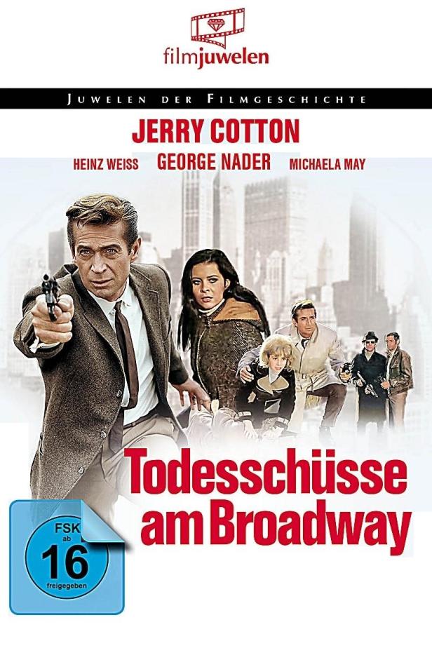 Das Filmplakat für „Todesschüsse am Broadway“ mit Jerry Cotton, der eine Waffe hält.