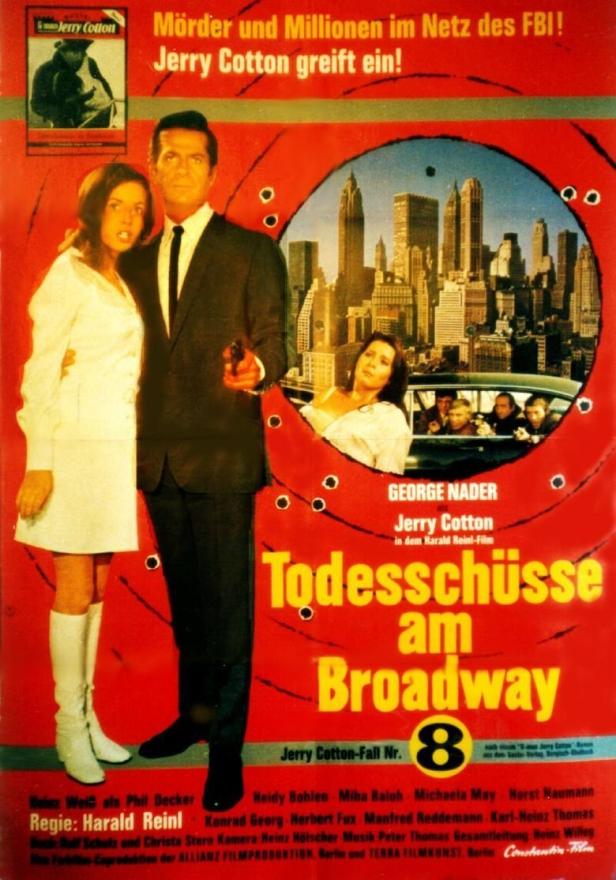 Das Filmplakat für „Todesschüsse am Broadway“ mit George Nader als Jerry Cotton.