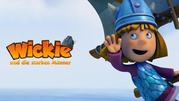 Der Titel „Wickie und die starken Männer“ mit Wickie, der auf einem selbstgebauten Fluggerät fliegt.