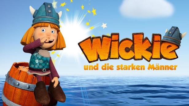 Wickie sitzt auf einem Fass vor dem Schriftzug „Wickie und die starken Männer“.