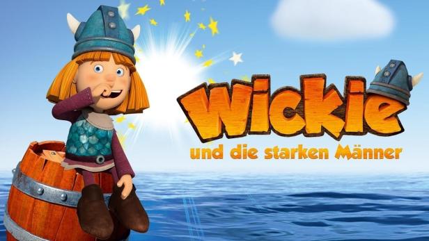 Der Titel „Wickie und die starken Männer“ mit Wickie auf einem Fass vor blauem Himmel und Meer.