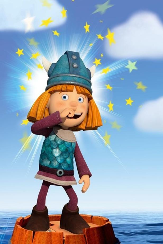 Wickie steht auf einem Fass inmitten von Sternen und dem Meer.