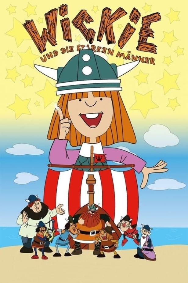 Eine Zeichentrickdarstellung von Wickie und seiner Wikinger-Mannschaft auf einem Schiff.