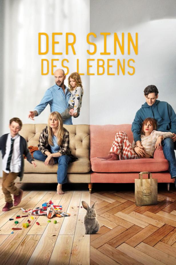 Das Poster für den Film „Der Sinn des Lebens“ zeigt zwei Familienhälften, getrennt durch eine Wand.
