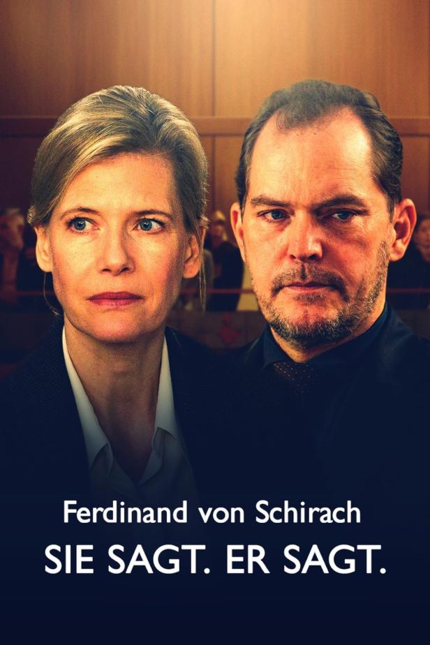 Das Filmplakat zu „Sie sagt. Er sagt.“ mit zwei ernsten Protagonisten.