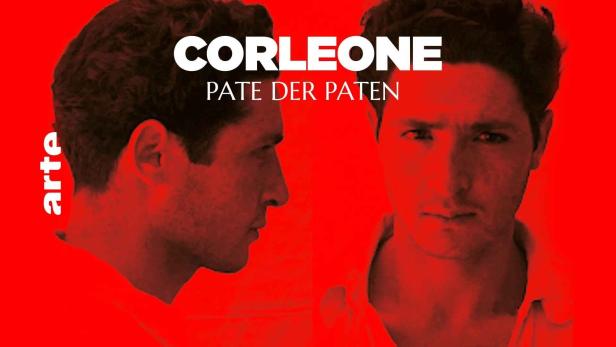 Das rote Keyart-Poster für die Arte-Dokumentation „Corleone: Pate der Paten“ zeigt zwei Porträts von Luciano Liggio.