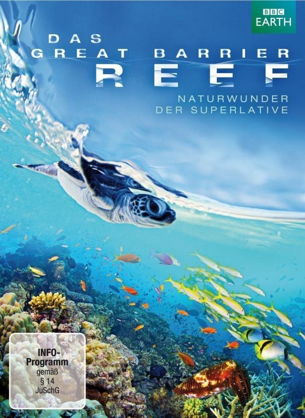 Das Cover der BBC Earth Dokumentation „Great Barrier Reef: Naturwunder der Superlative“ mit einer Meeresschildkröte.