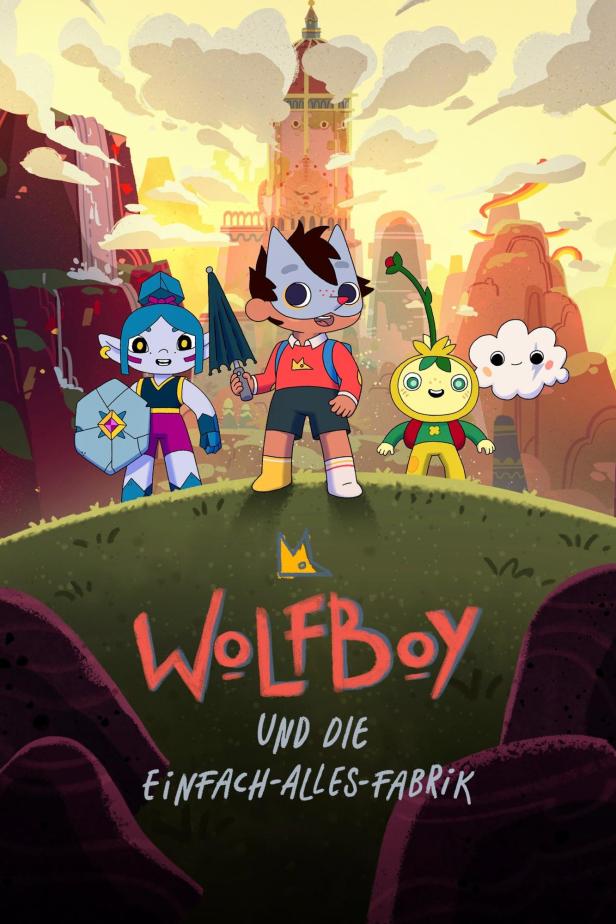 Das Cover von „Wolfboy und die Einfach-Alles-Fabrik“ zeigt Wolfboy mit seinen Freunden vor einer fantastischen Landschaft.