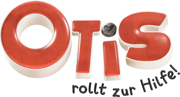 Der Schriftzug „Otis rollt zur Hilfe!“ in roter 3D-Optik vor schwarzem Hintergrund.
