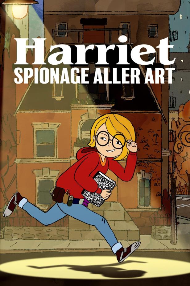 Das animierte Filmplakat zeigt Harriet, die mit einem Notizbuch in der Hand durch eine Gasse rennt.