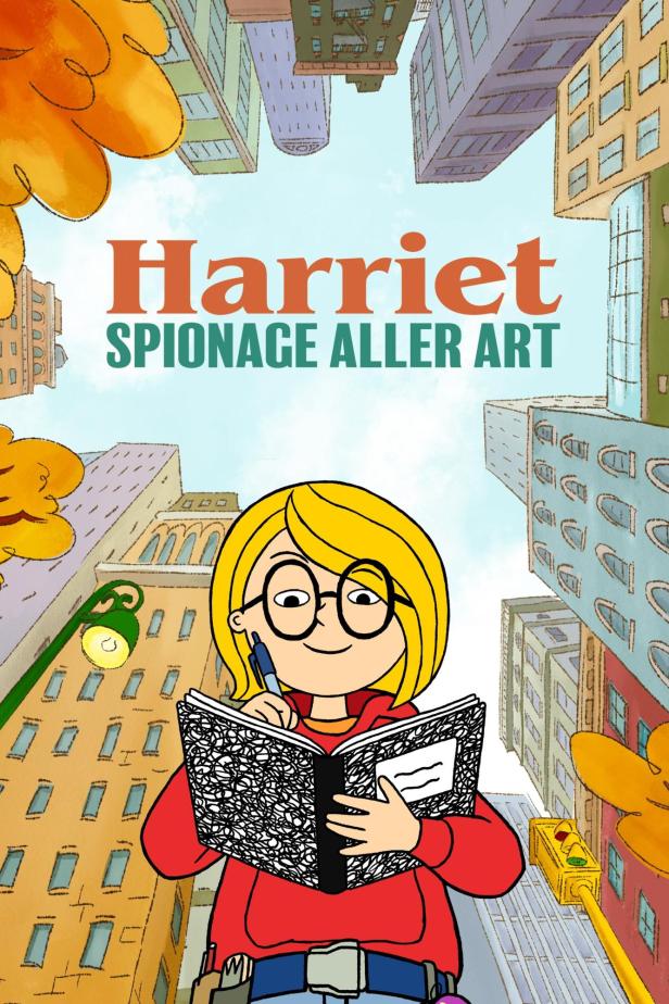 Das animierte Cover von „Harriet: Spionage aller Art“ zeigt ein Mädchen mit Notizbuch in einer Stadt.