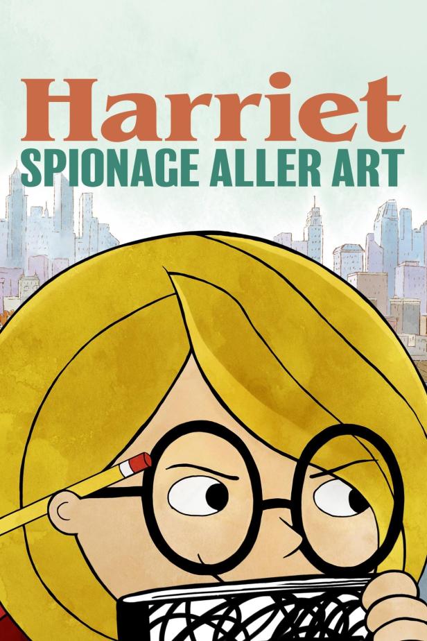 Das animierte Keyart für „Harriet: Spionage aller Art“ zeigt Harriet mit Notizbuch vor einer Stadtkulisse.