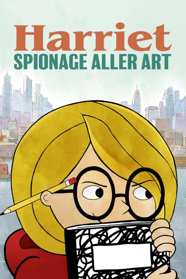 Das Cover von „Harriet: Spionage aller Art“ zeigt ein Mädchen mit Notizbuch und Bleistift vor einer Stadtkulisse.