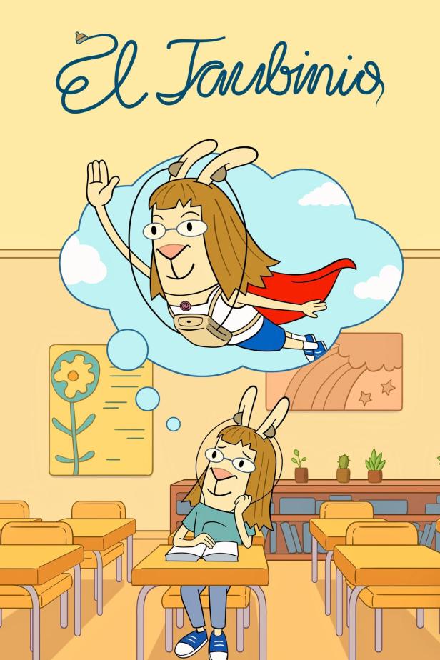 Eine anthropomorphe Häsin sitzt in einem Klassenzimmer und träumt davon, als Superheldin zu fliegen.
