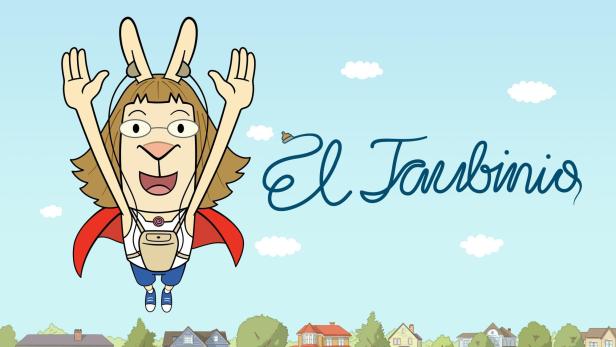 Eine Cartoon-Figur mit Hasenohren und rotem Umhang fliegt über eine Wohngegend. Im Hintergrund steht „El Turbinio“.