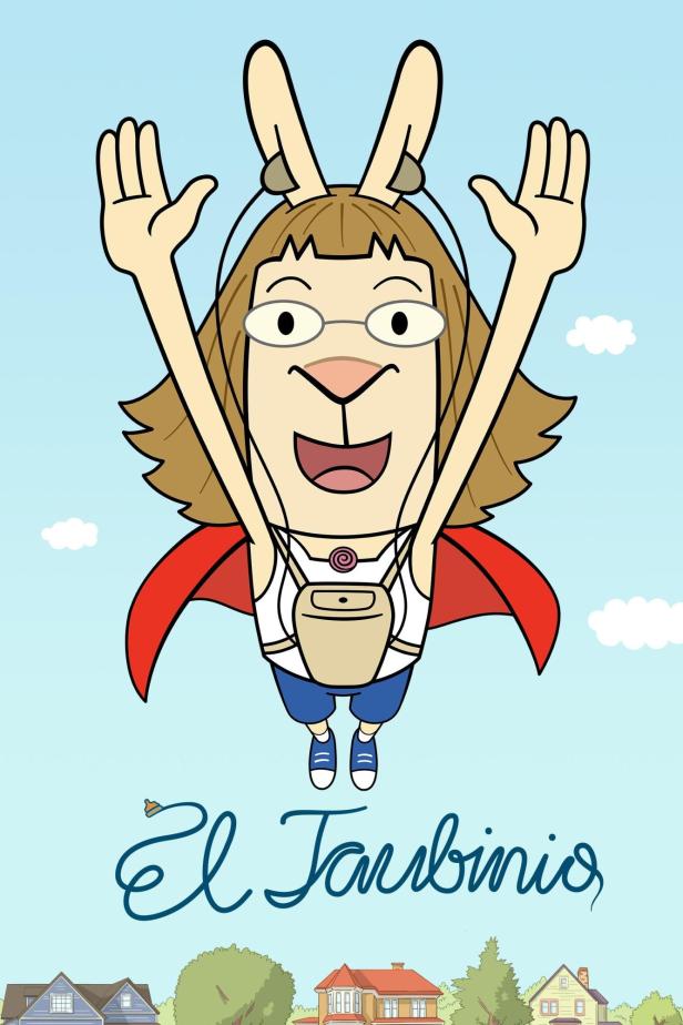 Die Cartoonfigur „El Jardinio“ fliegt mit erhobenen Händen und einem roten Umhang über Häusern.