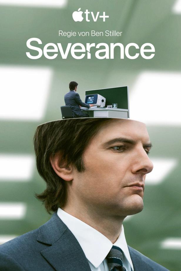 Das Filmplakat für „Severance“ zeigt einen Mann, dessen Kopf eine Büroszene enthält.