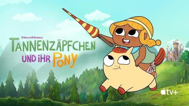 Ein Mädchen reitet auf einem Pony und hält eine Lanze in der Hand, im Hintergrund ein Schloss.