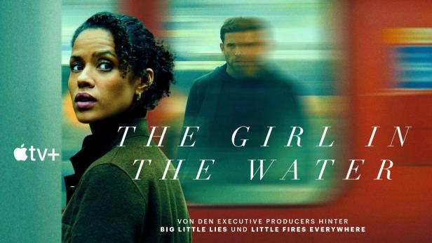 Das Filmplakat für „The Girl in the Water“ zeigt eine Frau und einen Mann vor einem verschwommenen Hintergrund.
