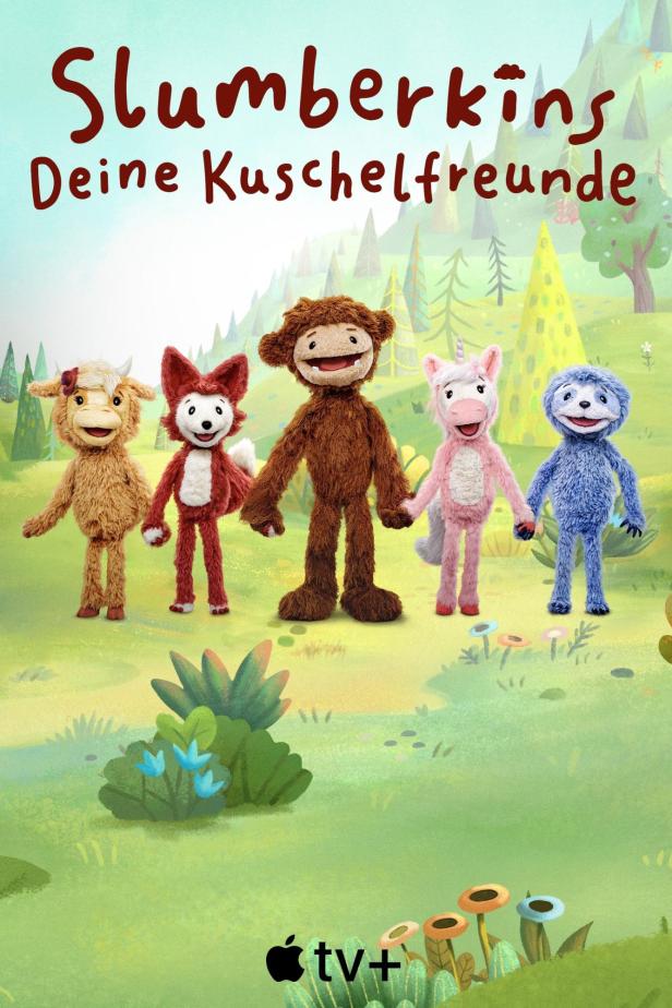 Das Poster für „Slumberkins“ zeigt fünf Stofftierfiguren in einer bunten Landschaft.