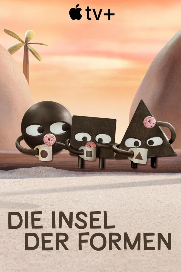 Kreis, Quadrat und Dreieck halten Tassen mit Donuts auf der „Insel der Formen“.