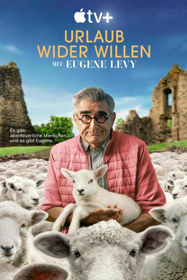 Das Filmplakat zu „Urlaub wider Willen“ zeigt Eugene Levy mit einem Lamm inmitten einer Schafherde.