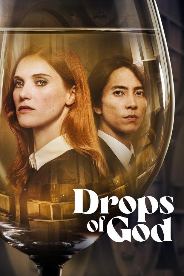 Das Filmplakat für „Drops of God“ zeigt zwei Personen, die in einem Weinglas zu sehen sind.
