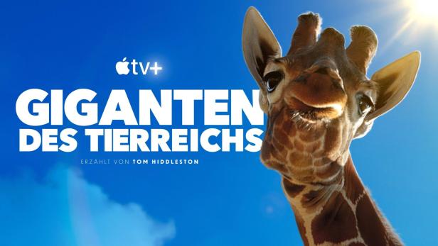 Das Poster für die Apple TV+ Dokumentation „Giganten des Tierreichs“ mit einer Giraffe im Vordergrund.