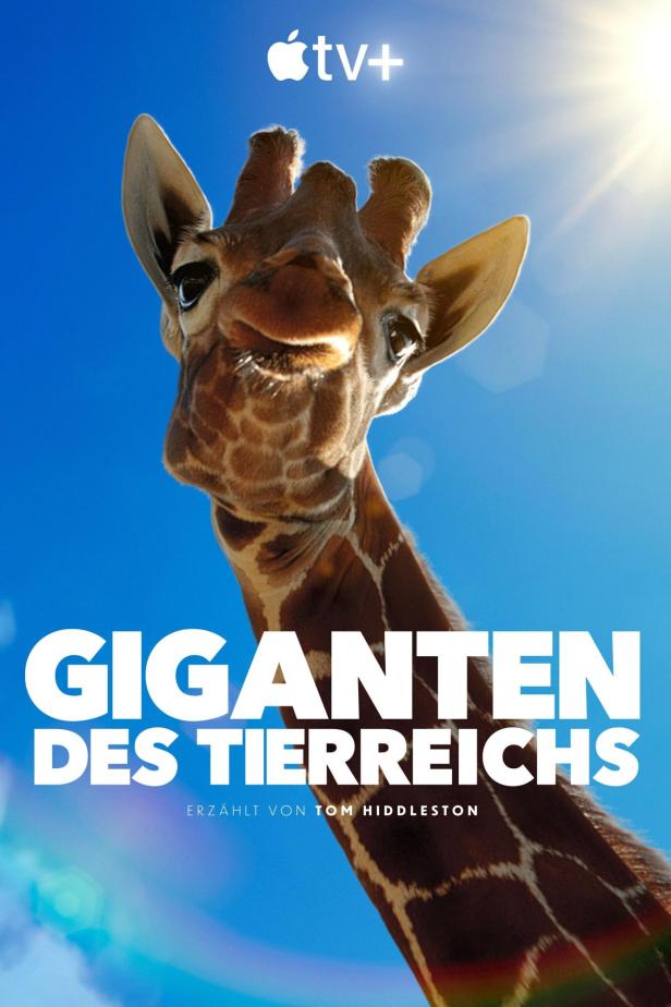 Das Filmplakat zu „Giganten des Tierreichs“ zeigt eine Giraffe vor blauem Himmel.