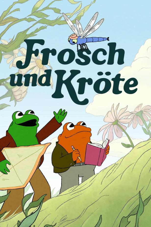Ein grüner Frosch und eine orangefarbene Kröte in Anzügen, mit einer Libelle, die einen Hut trägt.