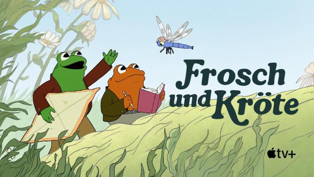 Illustration von Frosch und Kröte mit einem Drachen und einem Buch in einer Wiese.