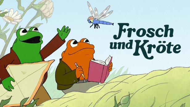 Illustration für „Frosch und Kröte“ mit einem Frosch mit Karte, einer Kröte mit Buch und einer Libelle.